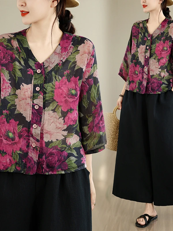 Loose Short V-Neck Button-Up Cardigan Top Artistic Floral Print Casual Women's Shirt Breathable Summer Fashion Chinese Style
Loose Short V-Neck Button-Up Cardigan Top Artistic Floral Print Casual Women's Shirt Breathable Summer Fashion Chinese Style