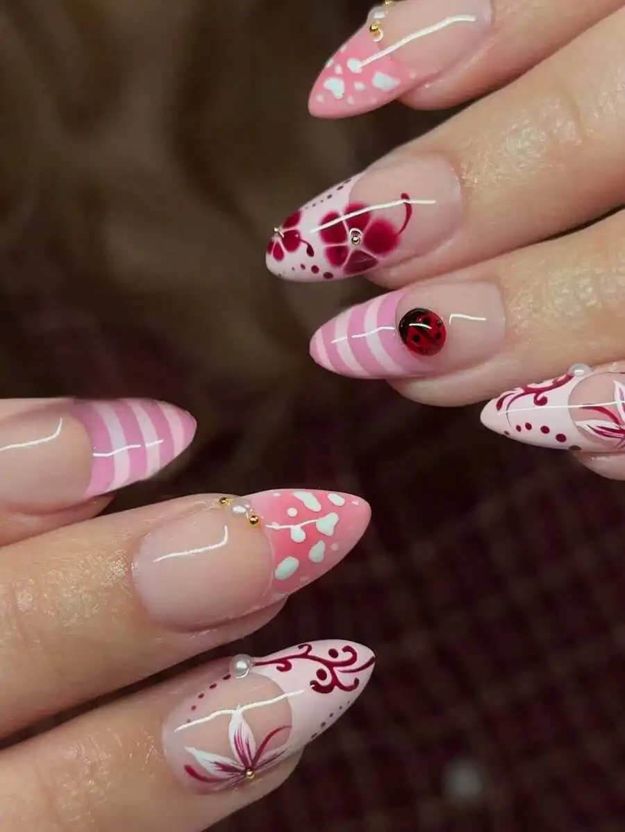 24pcs Almond-Shaped French Press-On Nails, Pink, With 3D Ladybug, Striped And Floral Patterns, Includes 1pc Jelly Gel And 1pc Na
24pcs Almond-Shaped French Press-On Nails, Pink, With 3D Ladybug, Striped And Floral Patterns, Includes 1pc Jelly Gel And 1pc Na