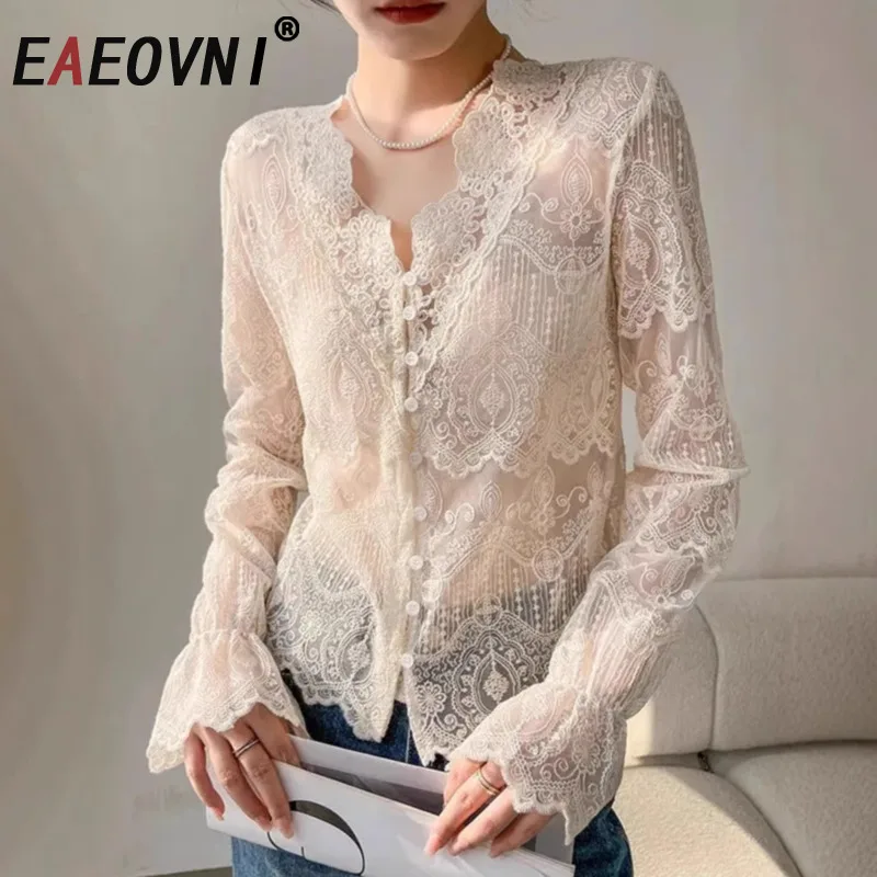 EAEOVNI Lace Embroider Design Blouse For Women Fashion V Neck Flare Sleeve Slim Versatile Shirt 2025 New Clothing 
EAEOVNI Lace Embroider Design Blouse For Women Fashion V Neck Flare Sleeve Slim Versatile Shirt 2025 New Clothing