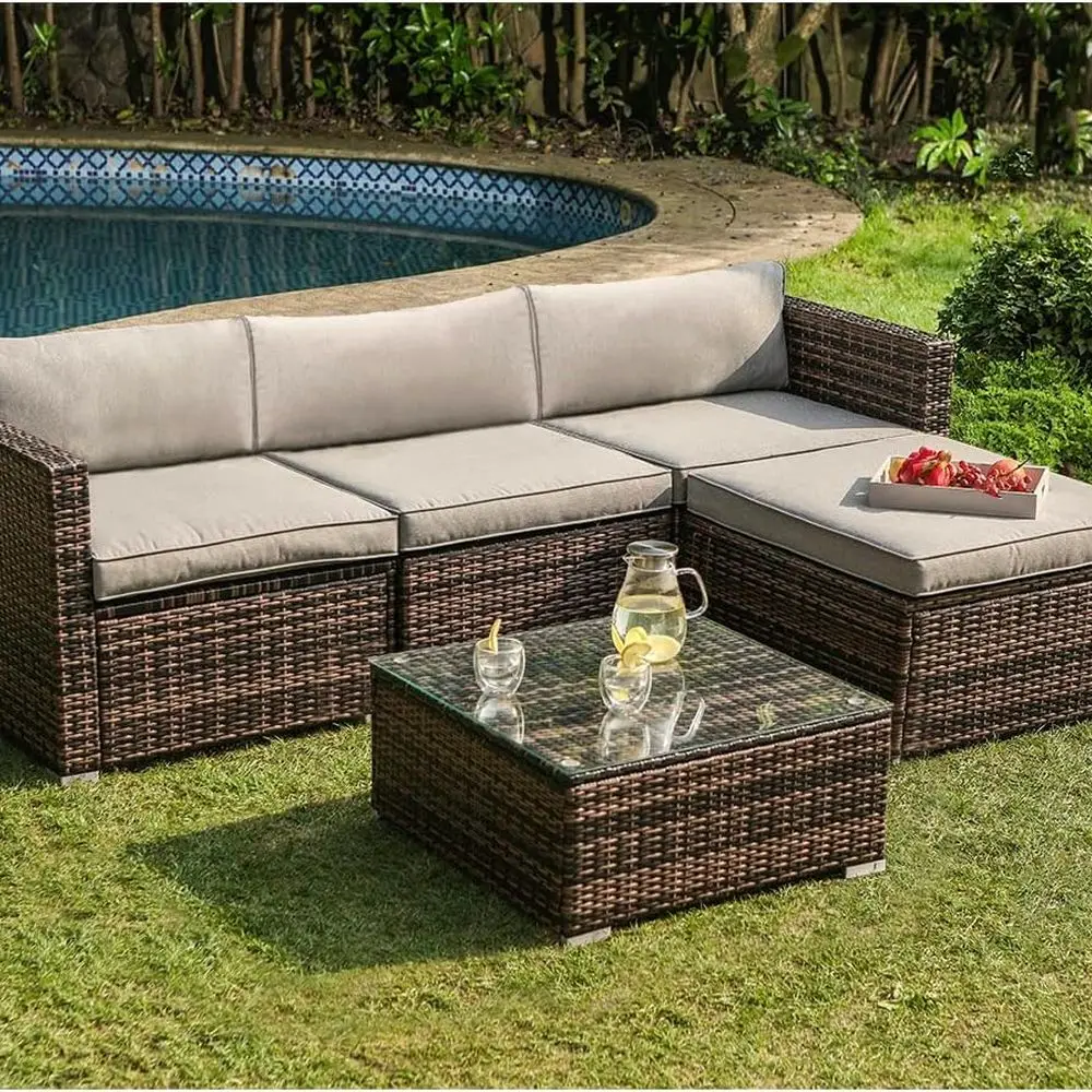 All-Weather Brown Wicker Outdoor Sectional Sofa Set with Gray Cushions and Glass Coffee Table
All-Weather Brown Wicker Outdoor Sectional Sofa Set with Gray Cushions and Glass Coffee Table