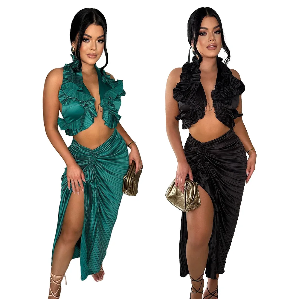 Glossy Satin Women 2 Piece Set Elegant Ruffles Halter Crop Tank Top High Slit Skirts Matching Set 2024 Summer Sexy Party Outfits
Glossy Satin Women 2 Piece Set Elegant Ruffles Halter Crop Tank Top High Slit Skirts Matching Set 2024 Summer Sexy Party Outfits