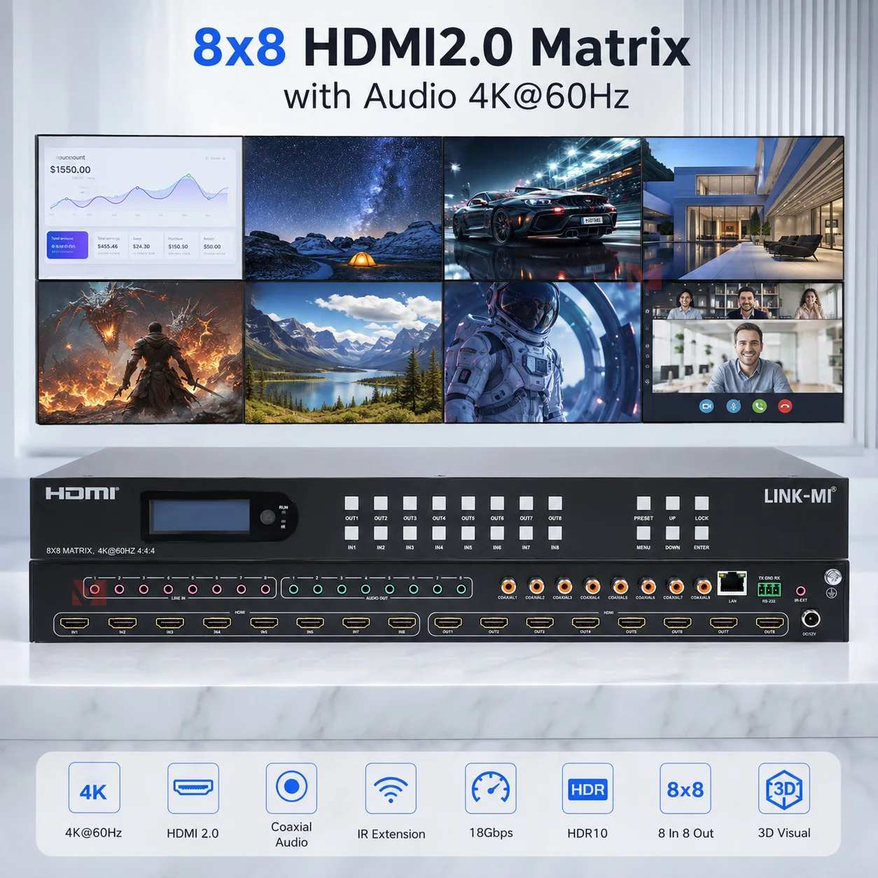 8x8 HDMI2.0 Matrix with Audio Extraction 4K60Hz YUV4:4:4 8 input 8 output Switcher 18Gbps HDR IR RS232
8x8 HDMI2.0 Matrix with Audio Extraction 4K60Hz YUV4:4:4 8 input 8 output Switcher 18Gbps HDR IR RS232