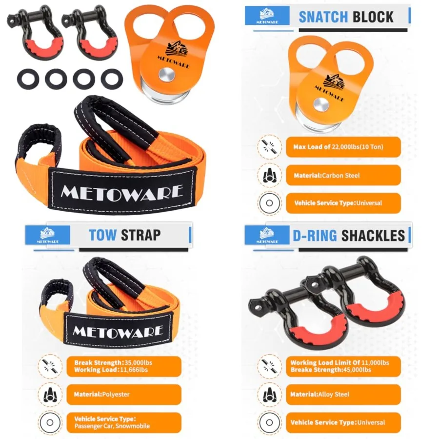 Offroad Recovery Kit - 10 Ton Heavy Duty Winch Snatch Block Pulley, 3" x8' Tree Saver Strap and 2pk 3/4" D Ring Shackles
Offroad Recovery Kit - 10 Ton Heavy Duty Winch Snatch Block Pulley, 3" x8' Tree Saver Strap and 2pk 3/4" D Ring Shackles