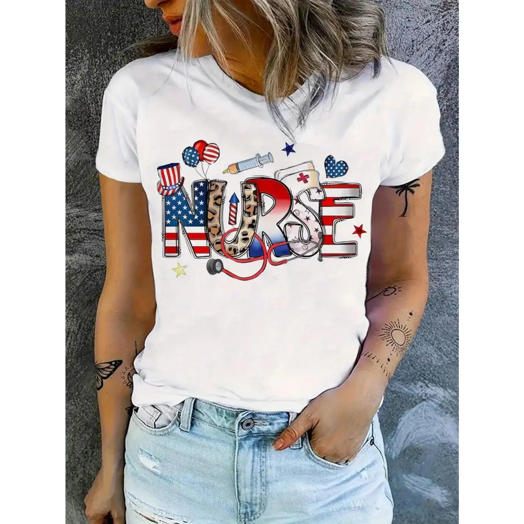 Women's Patriotic Nurse Graphic Cotton T-Shirt - Loose Fit Short Sleeve Round Neck Casual Top with Stars & Stripes Design
Women's Patriotic Nurse Graphic Cotton T-Shirt - Loose Fit Short Sleeve Round Neck Casual Top with Stars & Stripes Design