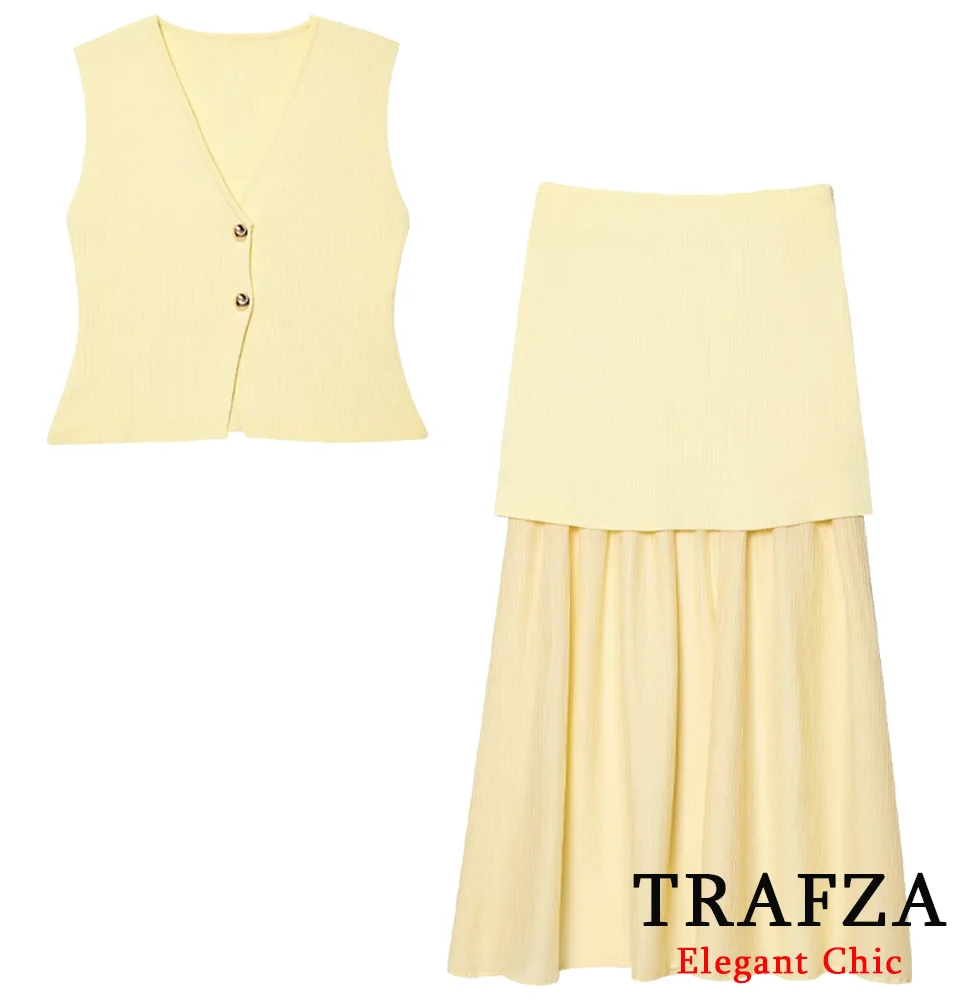 TRAFZA Women Romantic Yellow Knit Set Buttons Vest Pleated Splicing Skirt 2025 Spring Summer Fashion Holiday Elegant Skirt Set
TRAFZA Women Romantic Yellow Knit Set Buttons Vest Pleated Splicing Skirt 2025 Spring Summer Fashion Holiday Elegant Skirt Set