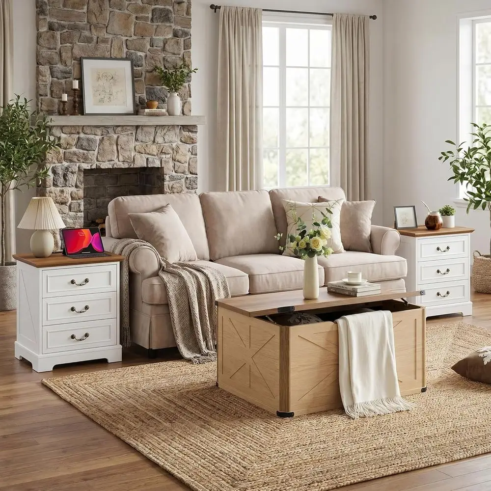 3-Piece Living Room Set: Khaki Storage Coffee Table, 2 Brown Nightstands, 3 Drawers & Charging Station, Rustic Wooden Furniture
3-Piece Living Room Set: Khaki Storage Coffee Table, 2 Brown Nightstands, 3 Drawers & Charging Station, Rustic Wooden Furniture