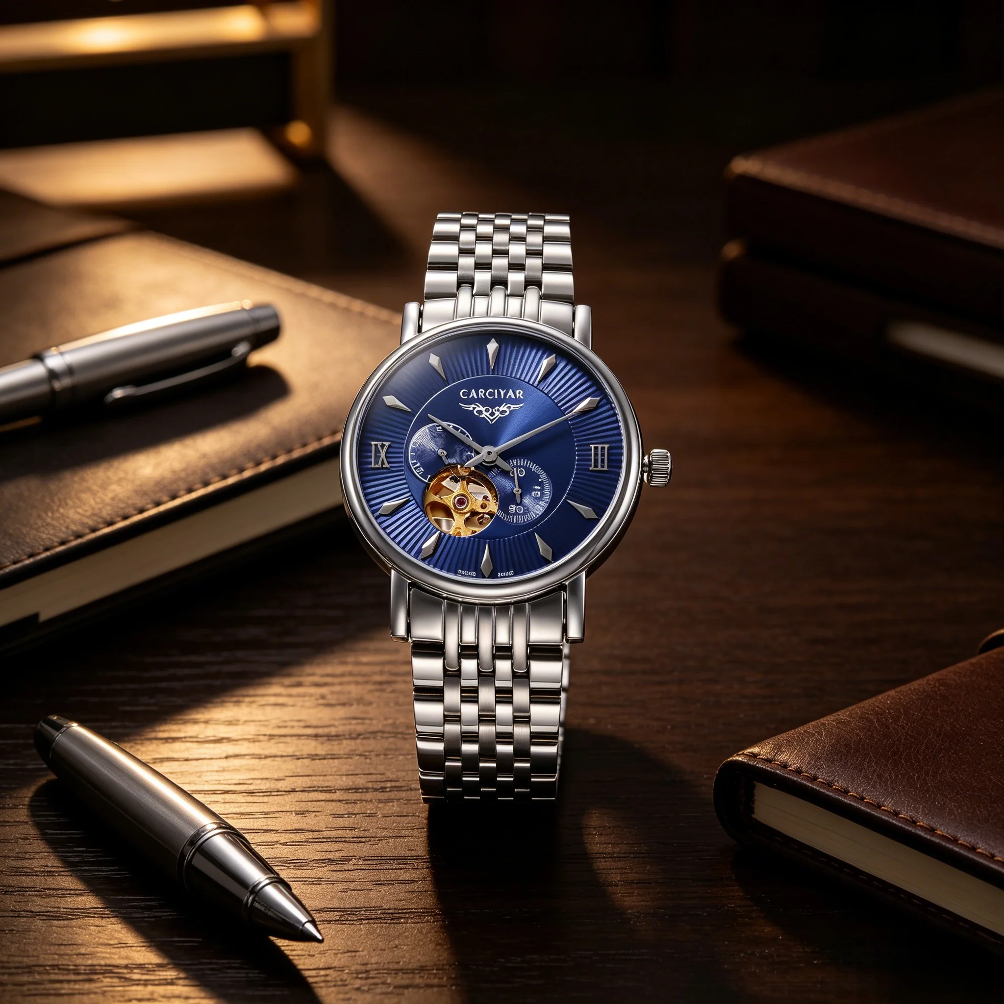 Tourbillon mechanical watch with a skeletonised round dial; a stylish, water-resistant stainless steel model from CARCIYAR
Tourbillon mechanical watch with a skeletonised round dial; a stylish, water-resistant stainless steel model from CARCIYAR