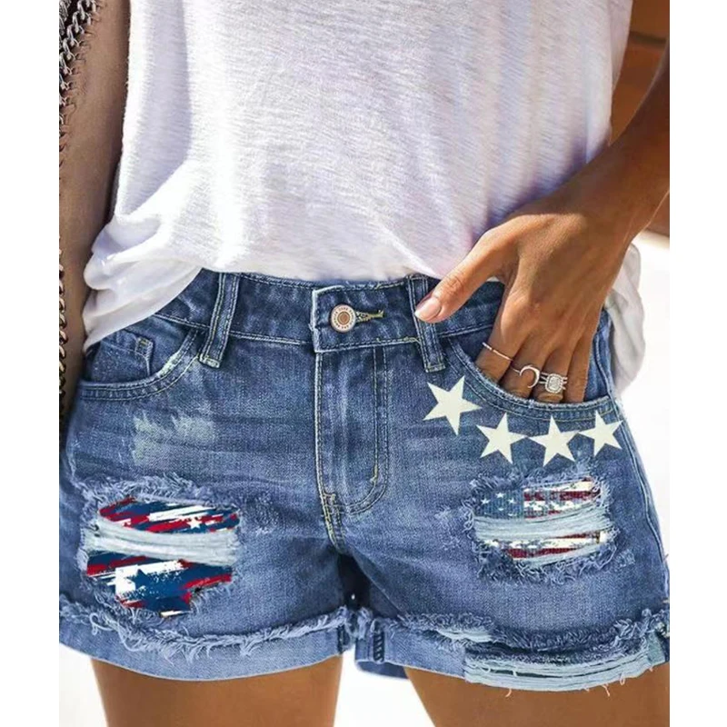Summer women's loose casual roll-up three-point shorts Star print ripped wash wash hem denim shorts
Summer women's loose casual roll-up three-point shorts Star print ripped wash wash hem denim shorts