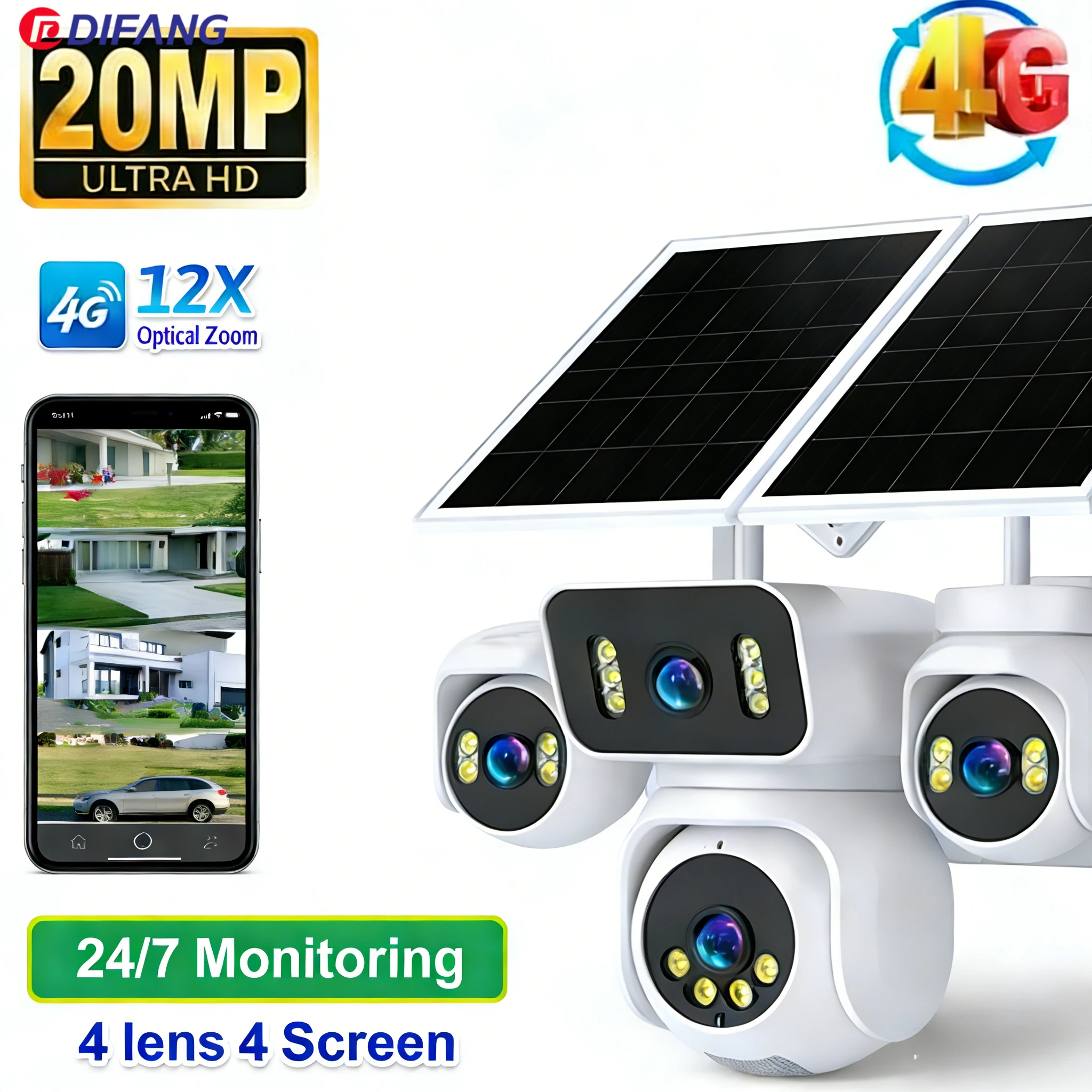 Солнечная камера DIFANG 20 МП AOV 4G для наружного использования, четыре экрана, автоматическое отслеживание, запись 24/7, беспроводная камера видеонаблюдения, 3 экрана
Солнечная камера DIFANG 20 МП AOV 4G для наружного использования, четыре экрана, автоматическое отслеживание, запись 24/7, беспроводная камера видеонаблюдения, 3 экрана