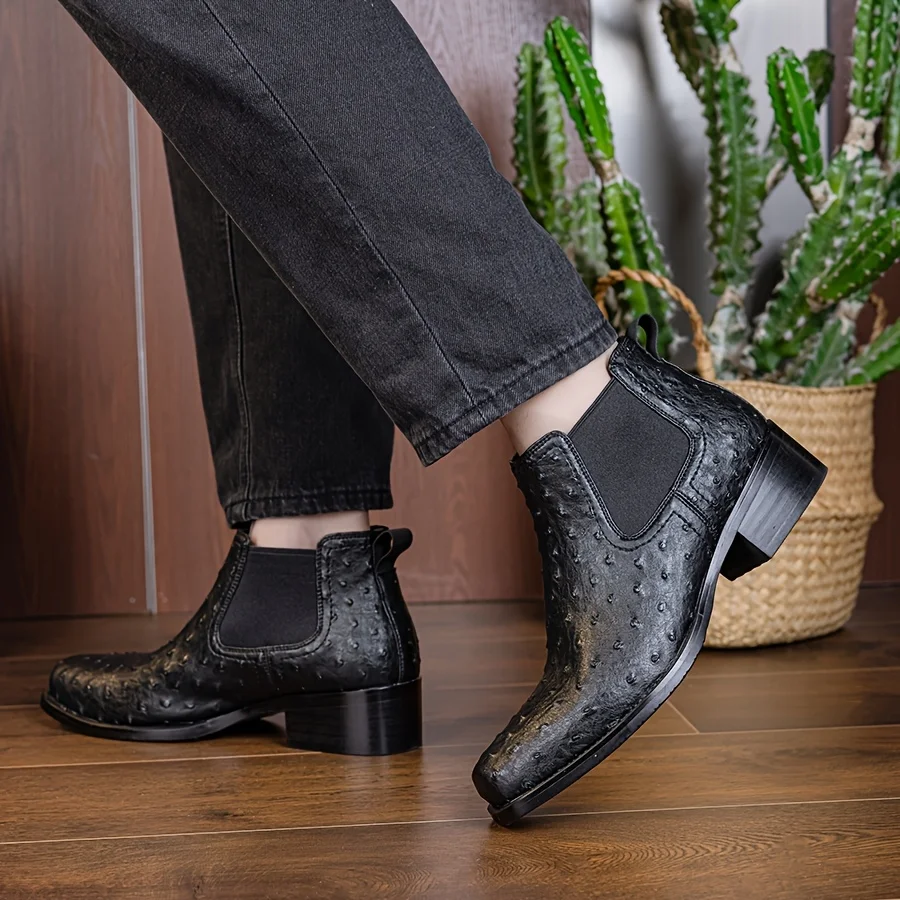 2026 Men's Fashion Square-Toe Chelsea Ostrich Pattern Shoes Rubber Composite Sole Comfort Versatile Business Casual Style
2026 Men's Fashion Square-Toe Chelsea Ostrich Pattern Shoes Rubber Composite Sole Comfort Versatile Business Casual Style