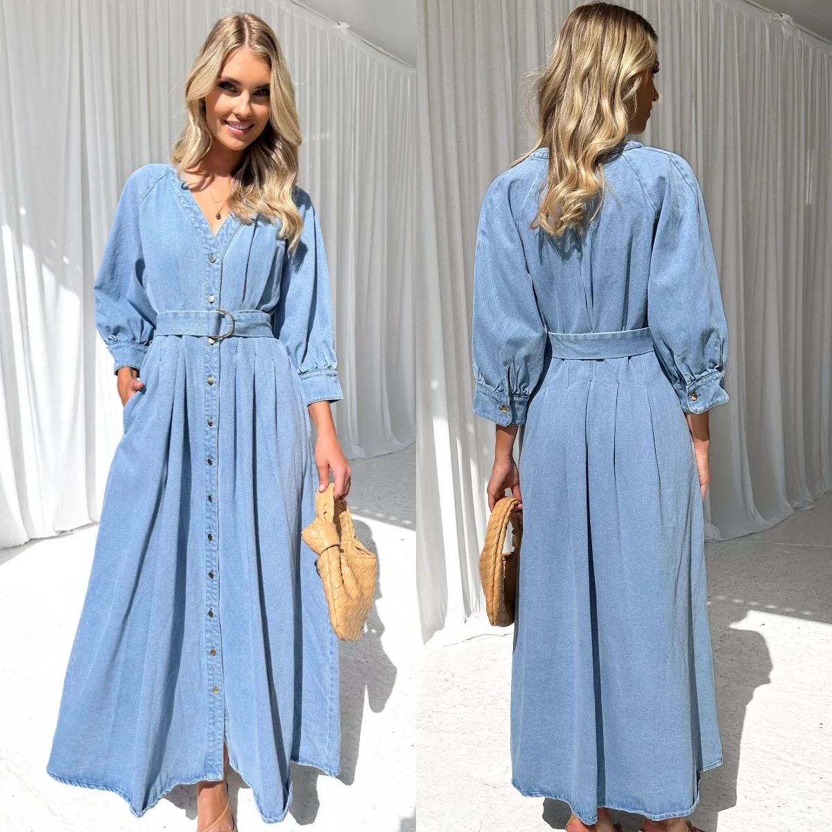 Women's Denim Dress Versatile Single Breasted Belt Elegant Jean Dress V-neck Lace-up Waist Streetwear Denim Maxi Dress Vestidos
Women's Denim Dress Versatile Single Breasted Belt Elegant Jean Dress V-neck Lace-up Waist Streetwear Denim Maxi Dress Vestidos