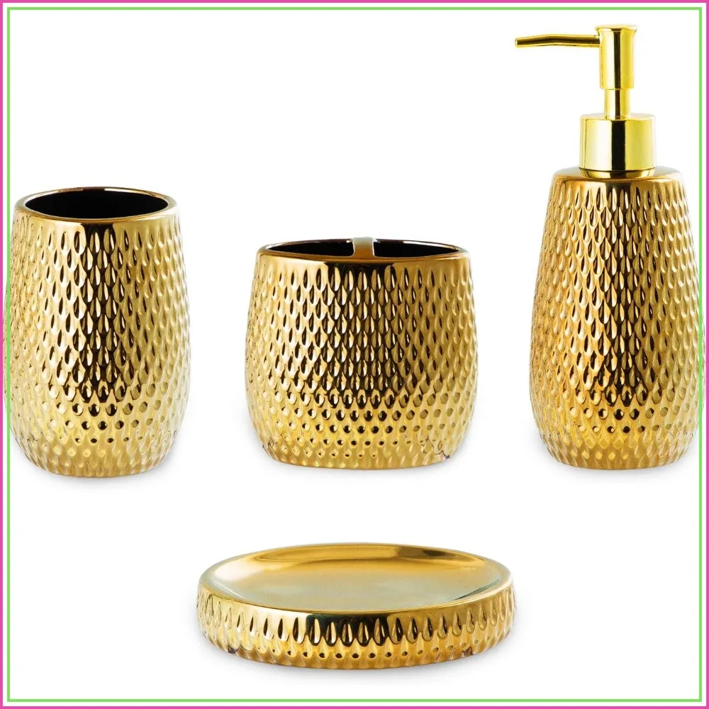 Gold Bathroom Accessory Set 4 Piece Ceramic Bath Accessories Complete Raindrop Shaped with Toothbrush Holder, Tumbler, Soap Dispenser for Bath Decor
Gold Bathroom Accessory Set 4 Piece Ceramic Bath Accessories Complete Raindrop Shaped with Toothbrush Holder, Tumbler, Soap Dispenser for Bath Decor