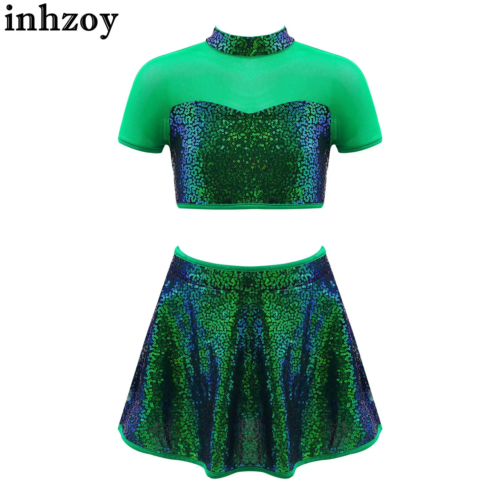 Kids Girls Modern Jazz Hip Hop Dance Costume Outfits Sequins Short Sleeves Mesh Patchwork Open Back Crop Tops and Skirt Set
Kids Girls Modern Jazz Hip Hop Dance Costume Outfits Sequins Short Sleeves Mesh Patchwork Open Back Crop Tops and Skirt Set