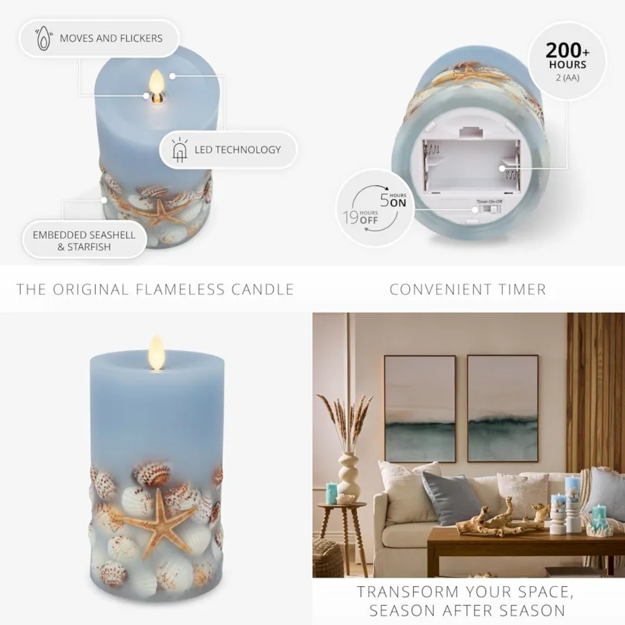 Flameless LED Candle Soft Embedded Seashell and Starfish Moving Flame Pillar Unscented Real Wax with Recessed Edge
Flameless LED Candle Soft Embedded Seashell and Starfish Moving Flame Pillar Unscented Real Wax with Recessed Edge