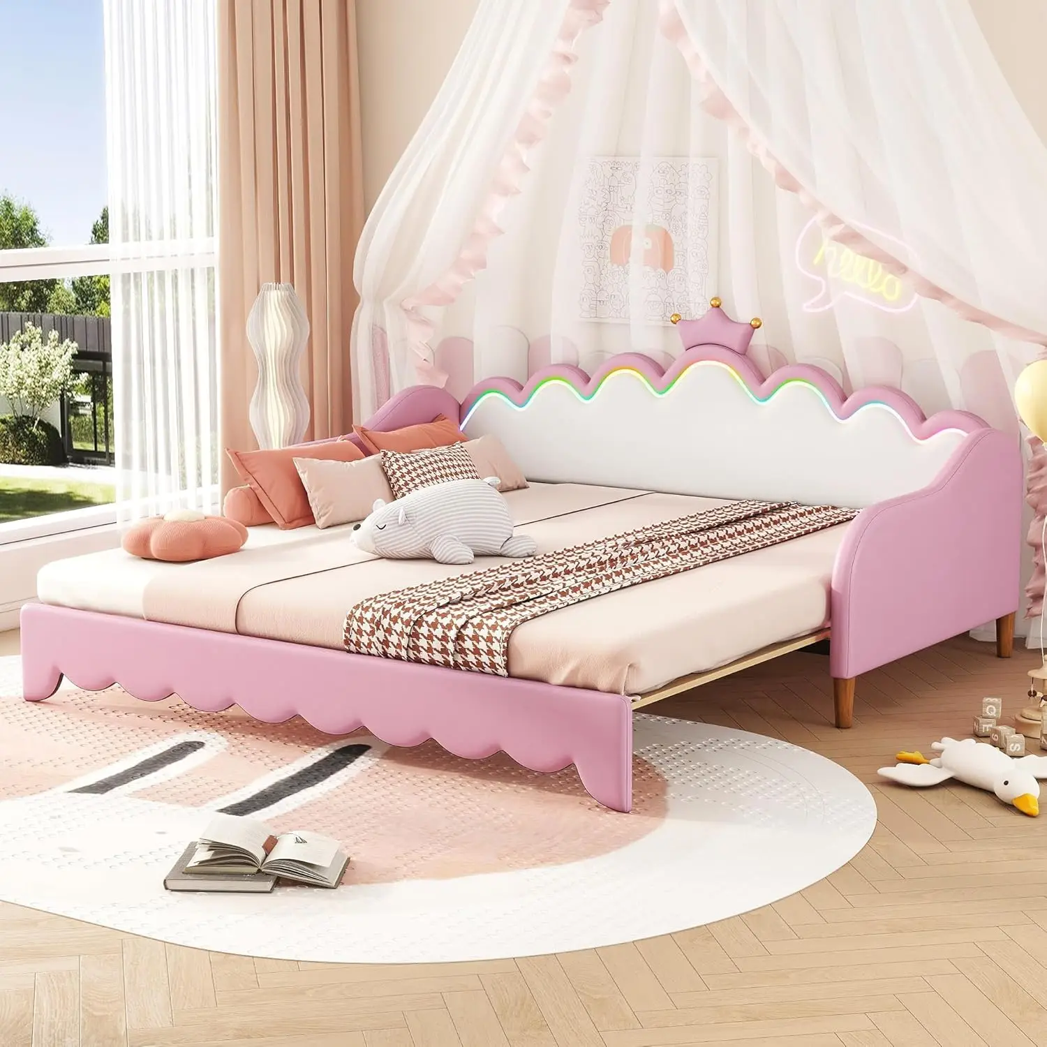 Twin Extending Daybed with LED Lights, Modern Upholstered Princess Daybed with Crown Headboard, Twin Sofa Bed Frame, Customized
Twin Extending Daybed with LED Lights, Modern Upholstered Princess Daybed with Crown Headboard, Twin Sofa Bed Frame, Customized