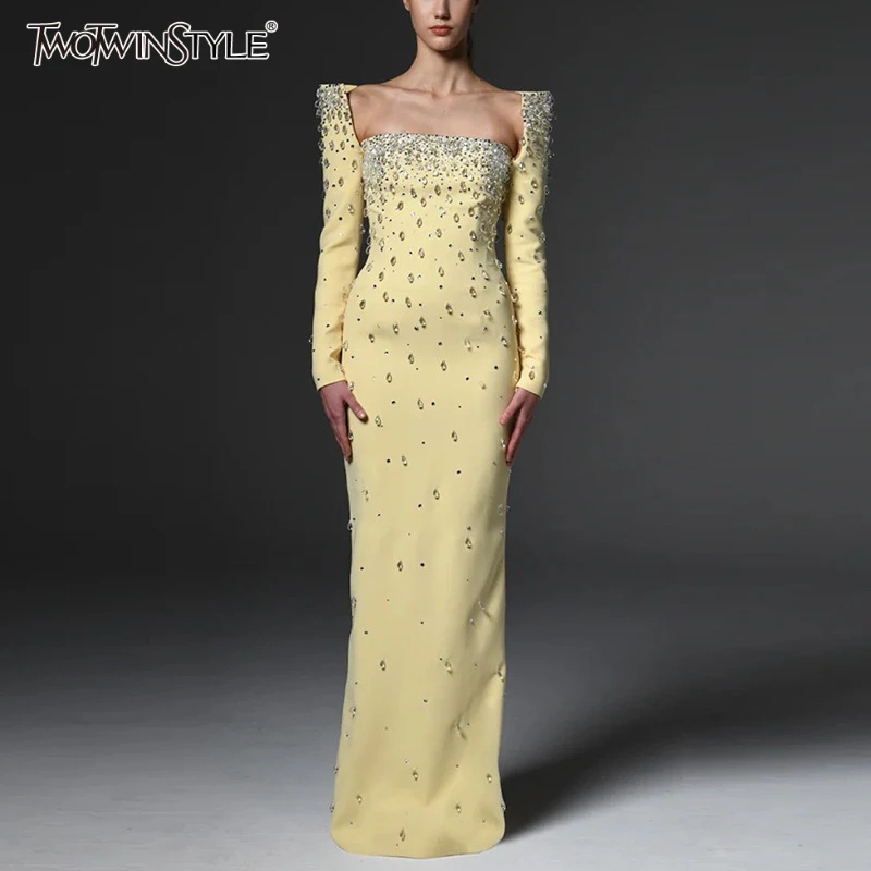 TWOTWINSTYLE Solid Slimming Spliced Bead Luxurious Midi Dresses for Women Square Neck Long Sleeves Split Elegant Dress Female
TWOTWINSTYLE Solid Slimming Spliced Bead Luxurious Midi Dresses for Women Square Neck Long Sleeves Split Elegant Dress Female