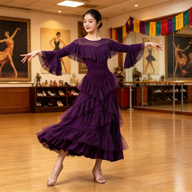 Women Ballroom Dance Dress Flared Sleeve Big Swing Waltz Latin Competition Costume performance accessories dance wear zym
Women Ballroom Dance Dress Flared Sleeve Big Swing Waltz Latin Competition Costume performance accessories dance wear zym