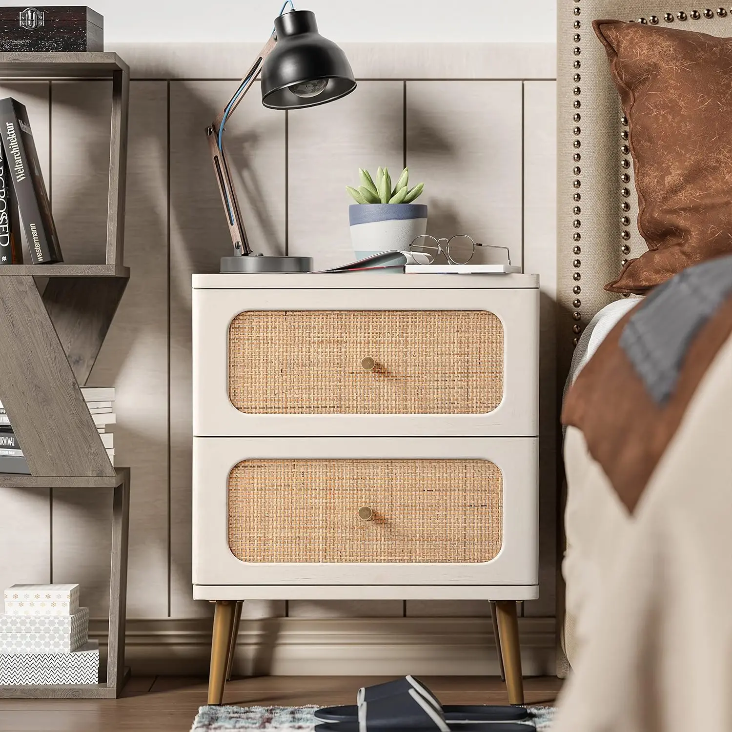 Wicker Rattan Nightstand, 2-Drawer End Table Cream White Finish Side Table for Small Spaces, Modern Farmhouse Wooden Bedside
Wicker Rattan Nightstand, 2-Drawer End Table Cream White Finish Side Table for Small Spaces, Modern Farmhouse Wooden Bedside