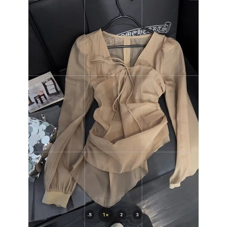 Elegant Fashion Mesh Long Sleeve Tops Mujer Spring Autumn New Shirts Women Y2k V-neck Lace Up Slim Fit Blusas De Mujer
Elegant Fashion Mesh Long Sleeve Tops Mujer Spring Autumn New Shirts Women Y2k V-neck Lace Up Slim Fit Blusas De Mujer