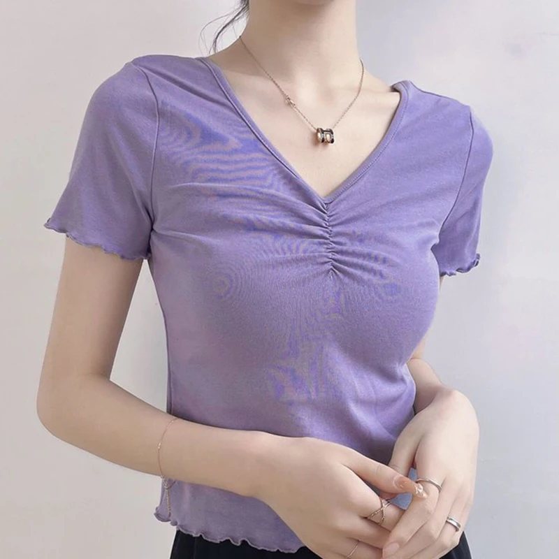 Fashion V-Neck Solid Color Ruffles Folds T-Shirt Female Clothing Summer New Casual Pullovers All-match Commute Tee Shirt
Fashion V-Neck Solid Color Ruffles Folds T-Shirt Female Clothing Summer New Casual Pullovers All-match Commute Tee Shirt