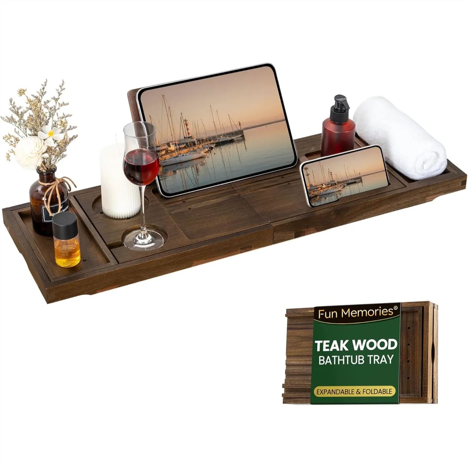 Teak Bathtub Tray, Expandable Bath Caddy with Wine Glass & Phone Holders, Book Stand for Spa Relaxation - Dark Walnut
Teak Bathtub Tray, Expandable Bath Caddy with Wine Glass & Phone Holders, Book Stand for Spa Relaxation - Dark Walnut