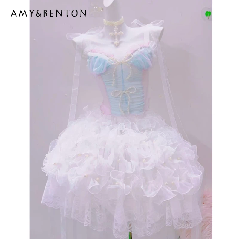 Summer New Colorful Lace Splicing Beaded Chain Women's Vest Original Sweet Lolita Cute Bow Princess Style Short Skirt Ladies
Summer New Colorful Lace Splicing Beaded Chain Women's Vest Original Sweet Lolita Cute Bow Princess Style Short Skirt Ladies