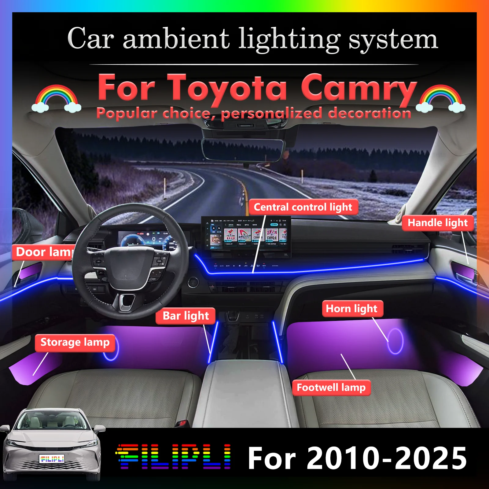 For Toyota Camry Rainbow Acrylic Strip RGB 64 Colors LED Car Interior Mood Lighting Smart Remote Control
For Toyota Camry Rainbow Acrylic Strip RGB 64 Colors LED Car Interior Mood Lighting Smart Remote Control