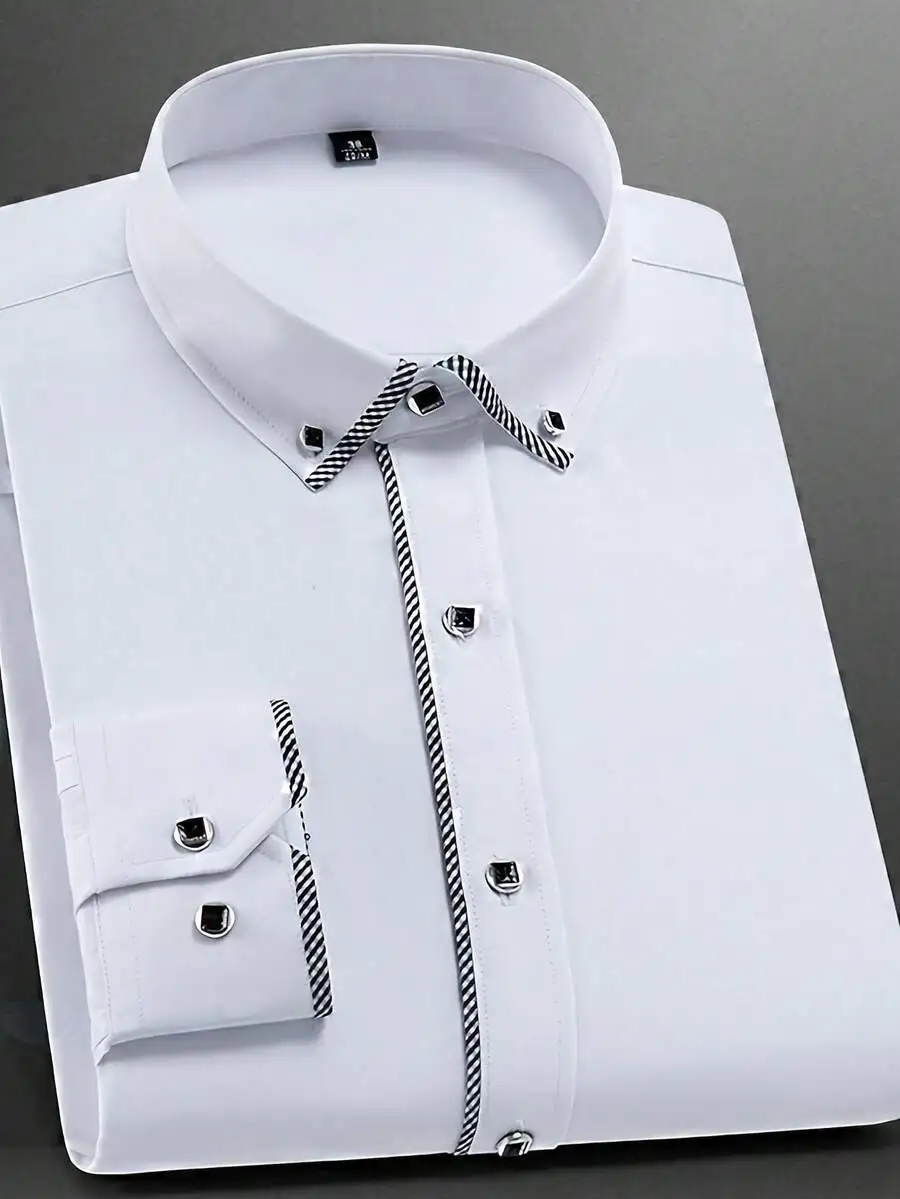 Men's Slim Fit Solid White Button-Down Shirt with Striped Trim Collar and Cuffs
Men's Slim Fit Solid White Button-Down Shirt with Striped Trim Collar and Cuffs