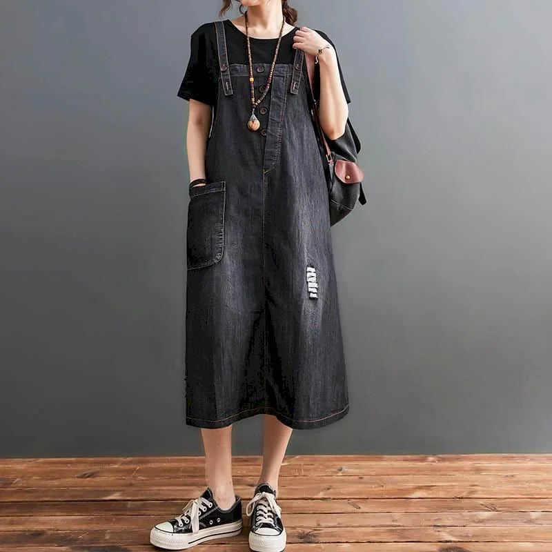 Pop Denim Strap Dress For Women Sleeveless Casual Loose Summer Streetwear Trend Korean Style Oversized Vintage Calf Length Dress 
Pop Denim Strap Dress For Women Sleeveless Casual Loose Summer Streetwear Trend Korean Style Oversized Vintage Calf Length Dress