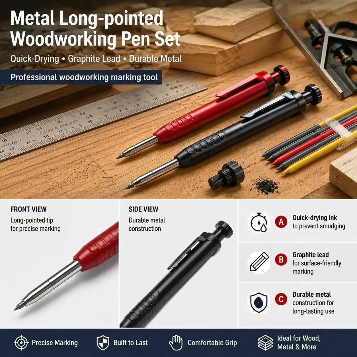 Carpenter Pencil Set with 6 Refills and Built in Sharpener Mechanical Marking Pencil for Construction and Architecture Professional Woodworking Scriber Tool for Accurate Drafting and Scribing Hand Tool Set
Carpenter Pencil Set with 6 Refills and Built in Sharpener Mechanical Marking Pencil for Construction and Architecture Professional Woodworking Scriber Tool for Accurate Drafting and Scribing Hand Tool Set