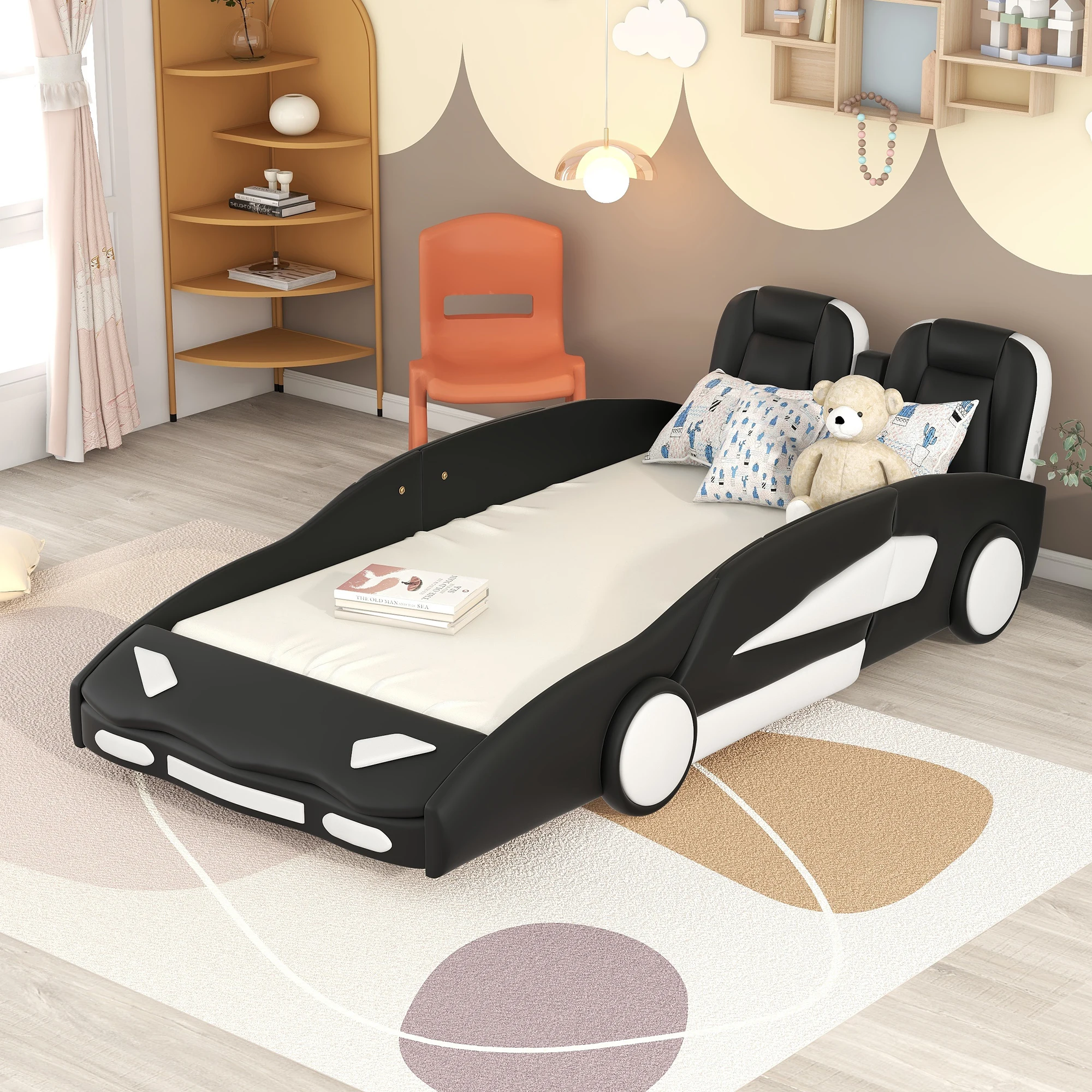 Full Size Race Car Bed for Boys with Storage Drawers, Rolling Wheels,Dark Black and White Sports Theme Platform Bed Frame
Full Size Race Car Bed for Boys with Storage Drawers, Rolling Wheels,Dark Black and White Sports Theme Platform Bed Frame