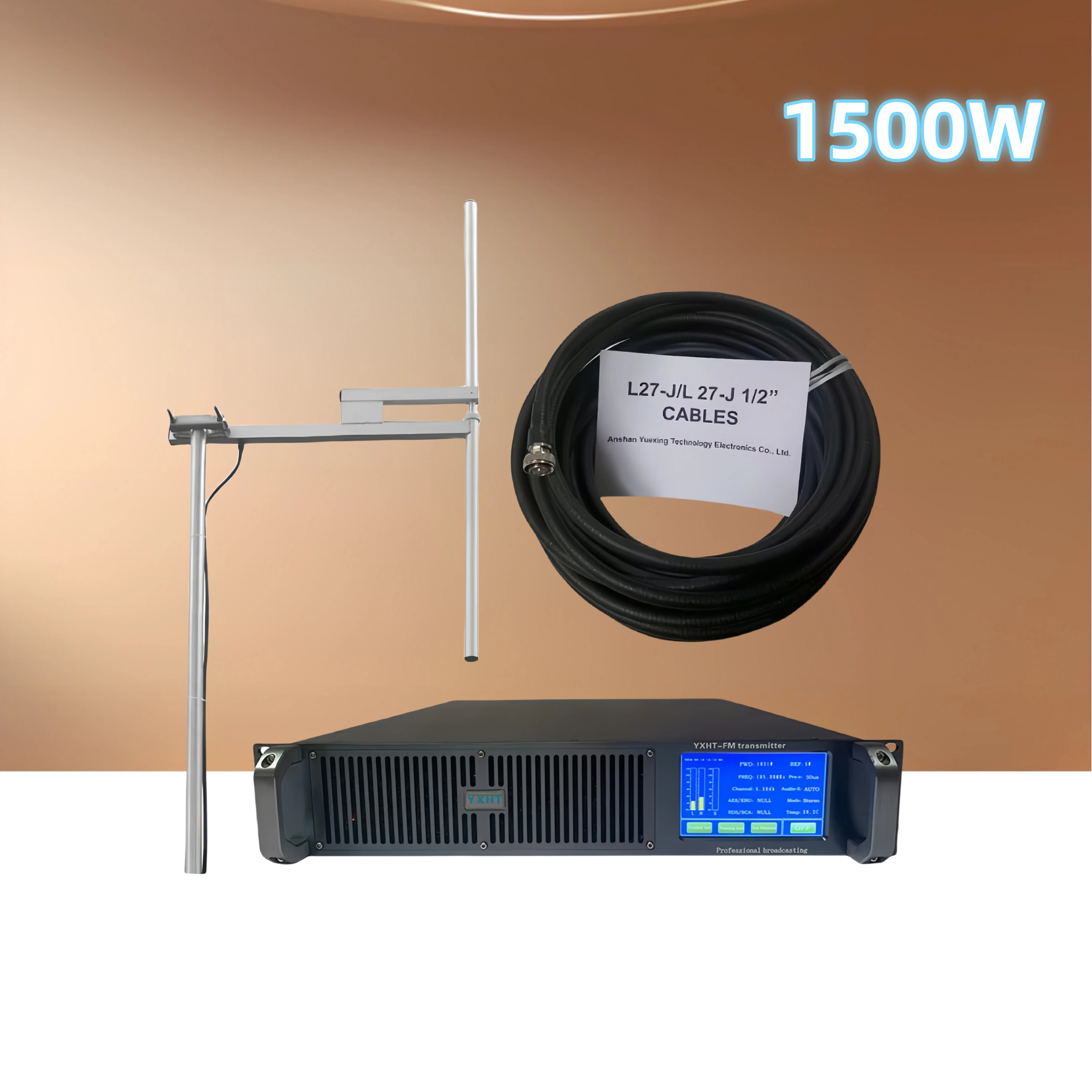1.5KW FM Transmitter with Touch Screen + 1-Bay Antenna + 30M Cables (with Connectors) – Complete Set 
1.5KW FM Transmitter with Touch Screen + 1-Bay Antenna + 30M Cables (with Connectors) – Complete Set