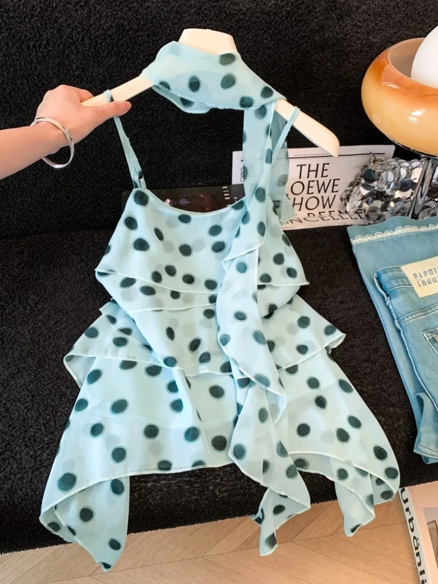 Mint Blue Polka Dot Halter Neck Vest Women Summer Beautiful Fairy Tale Sleeveless Strapless Chiffon Top Lightweight Loose Fit
Mint Blue Polka Dot Halter Neck Vest Women Summer Beautiful Fairy Tale Sleeveless Strapless Chiffon Top Lightweight Loose Fit