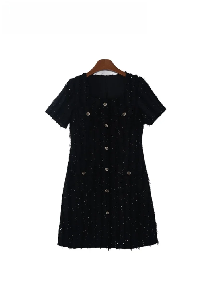 Black Shiny Sequin Square Collar Dress Women's Summer New Luxury High Waist A-Line Dress Elegant Style A75502
Black Shiny Sequin Square Collar Dress Women's Summer New Luxury High Waist A-Line Dress Elegant Style A75502