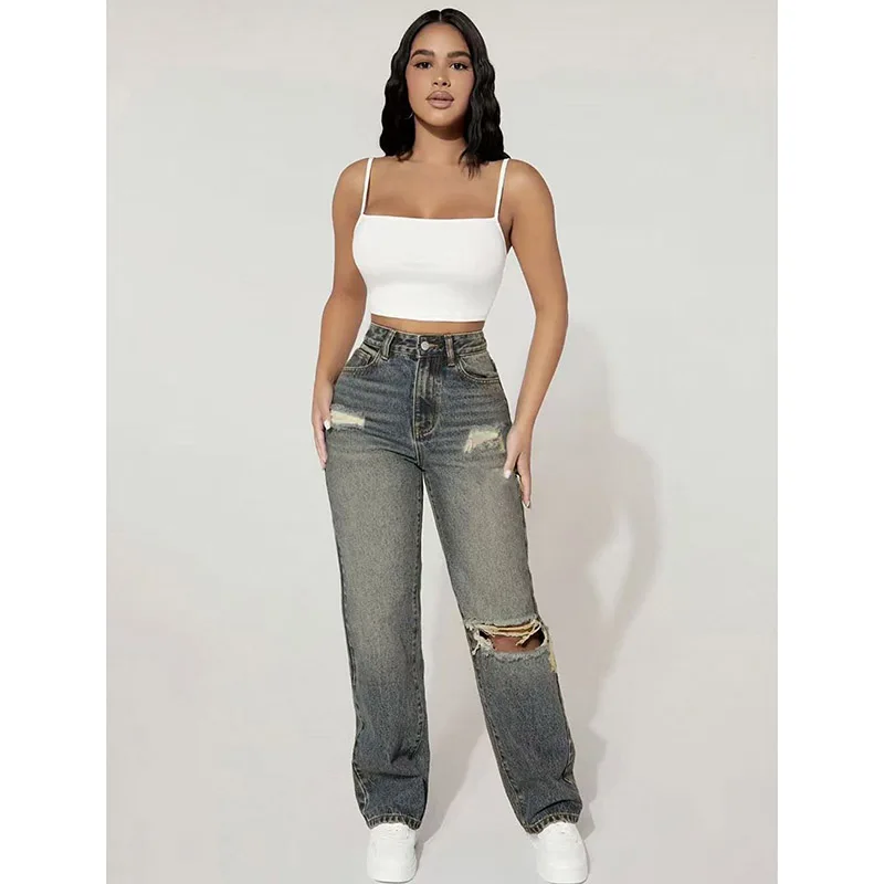 Female Chic Blue Ripped Straight Leg Jeans Girls American Retro Fashion High Waist Denim Trousers Women Casual Loose Thin Pants
Female Chic Blue Ripped Straight Leg Jeans Girls American Retro Fashion High Waist Denim Trousers Women Casual Loose Thin Pants