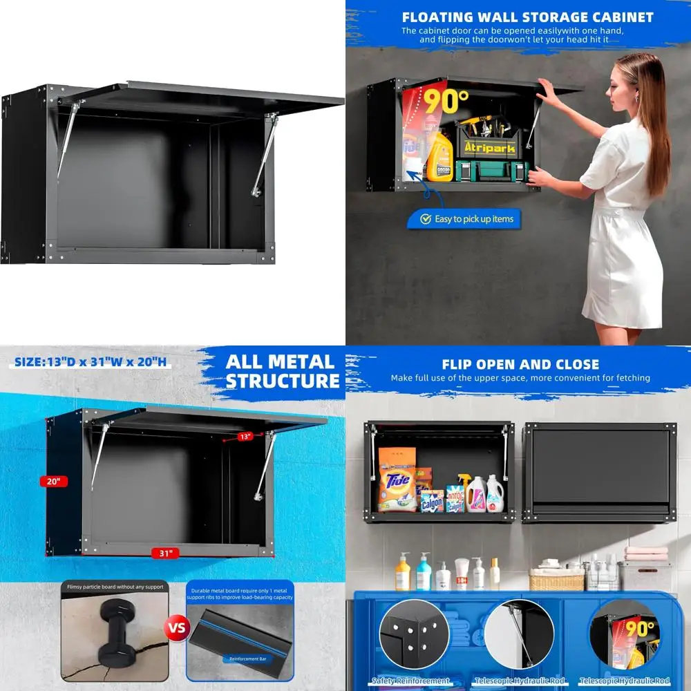 31" wide hanging steel wall cabinet with flip-up doors and pegboard storage
31" wide hanging steel wall cabinet with flip-up doors and pegboard storage