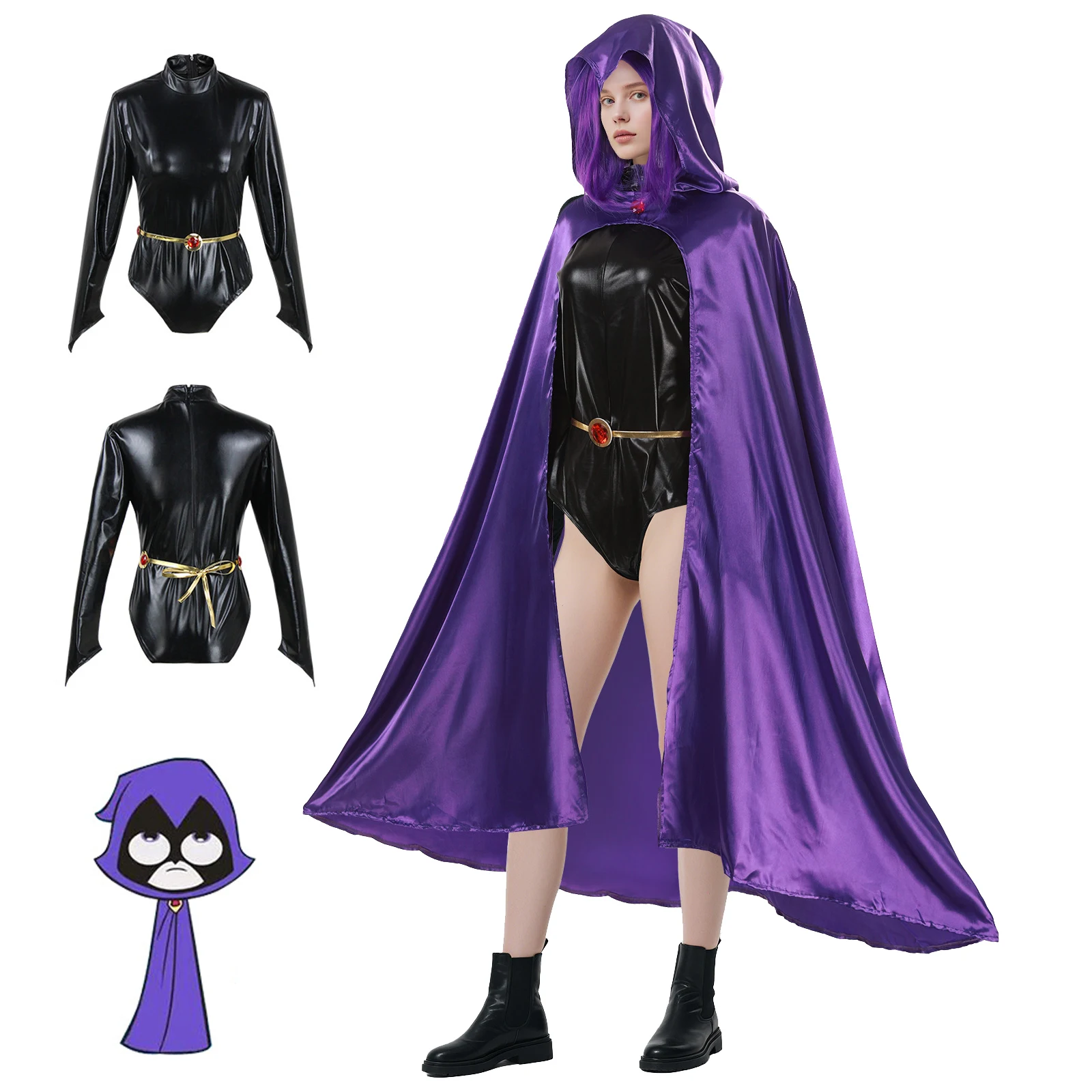 Raven Cosplay Costume, Fighting Bodysuit Women Jumpsuit Belt With Purple Hooded Cloak Halloween Outfit
Raven Cosplay Costume, Fighting Bodysuit Women Jumpsuit Belt With Purple Hooded Cloak Halloween Outfit