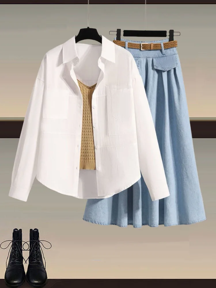 women Spring summer 3 pieces set korean casual twist knitted vest+long sleeve shirts+denim skirt set women outfits 2025 new
women Spring summer 3 pieces set korean casual twist knitted vest+long sleeve shirts+denim skirt set women outfits 2025 new