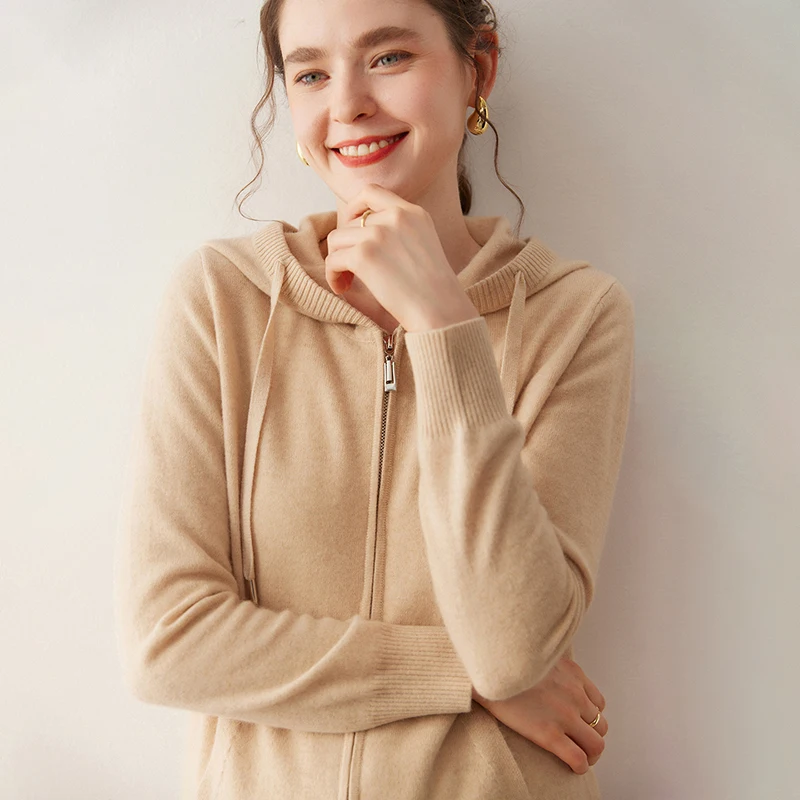 Women's 12GG Hooded Solid Zipper Cardigan 100% Cashmere Knitted Thick Long Sleeve Soft Warm Sweater Casual Loose Basic Tops 
Women's 12GG Hooded Solid Zipper Cardigan 100% Cashmere Knitted Thick Long Sleeve Soft Warm Sweater Casual Loose Basic Tops