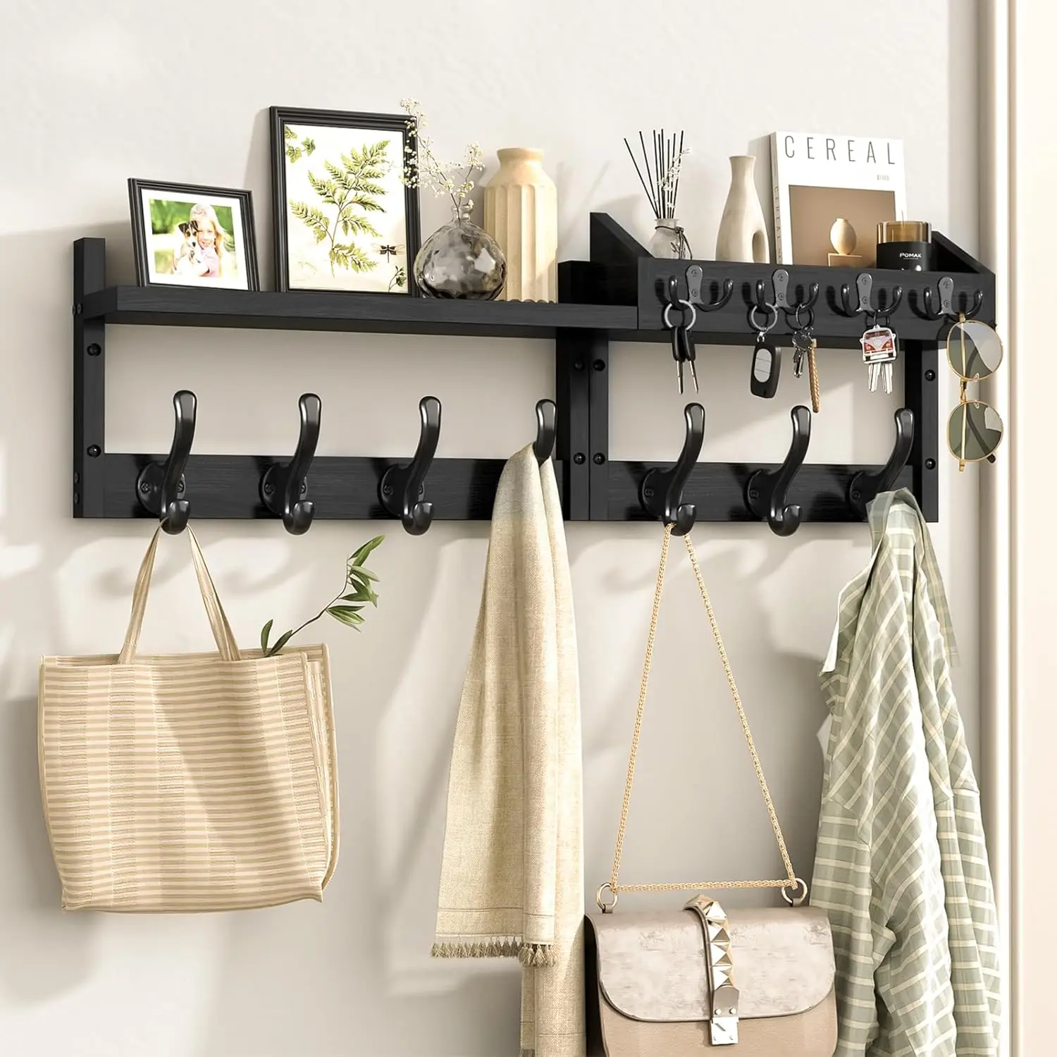 29" Coat Rack Wall Mount with Shelf, 4 in 1 Wall Mounted Coat and Key Hanger with 11 Hooks, Entryway Key Holder with Mail Holder
29" Coat Rack Wall Mount with Shelf, 4 in 1 Wall Mounted Coat and Key Hanger with 11 Hooks, Entryway Key Holder with Mail Holder