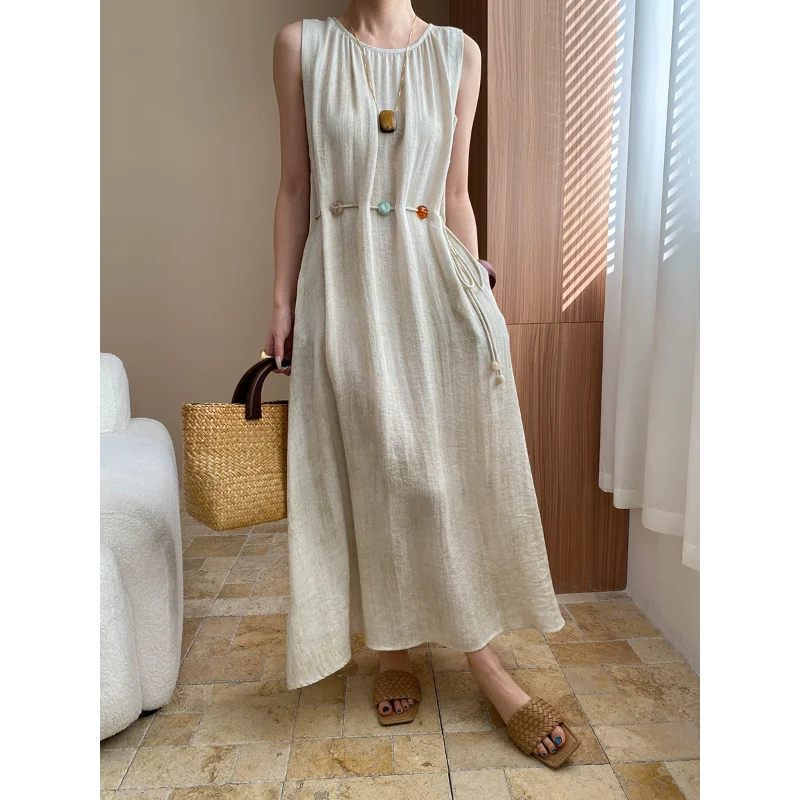 French Holiday Style Contrast Beaded Rope Sleeveless Dress Women Round Neck Loose Versatile Fashion Beach Vest Long Dress
French Holiday Style Contrast Beaded Rope Sleeveless Dress Women Round Neck Loose Versatile Fashion Beach Vest Long Dress