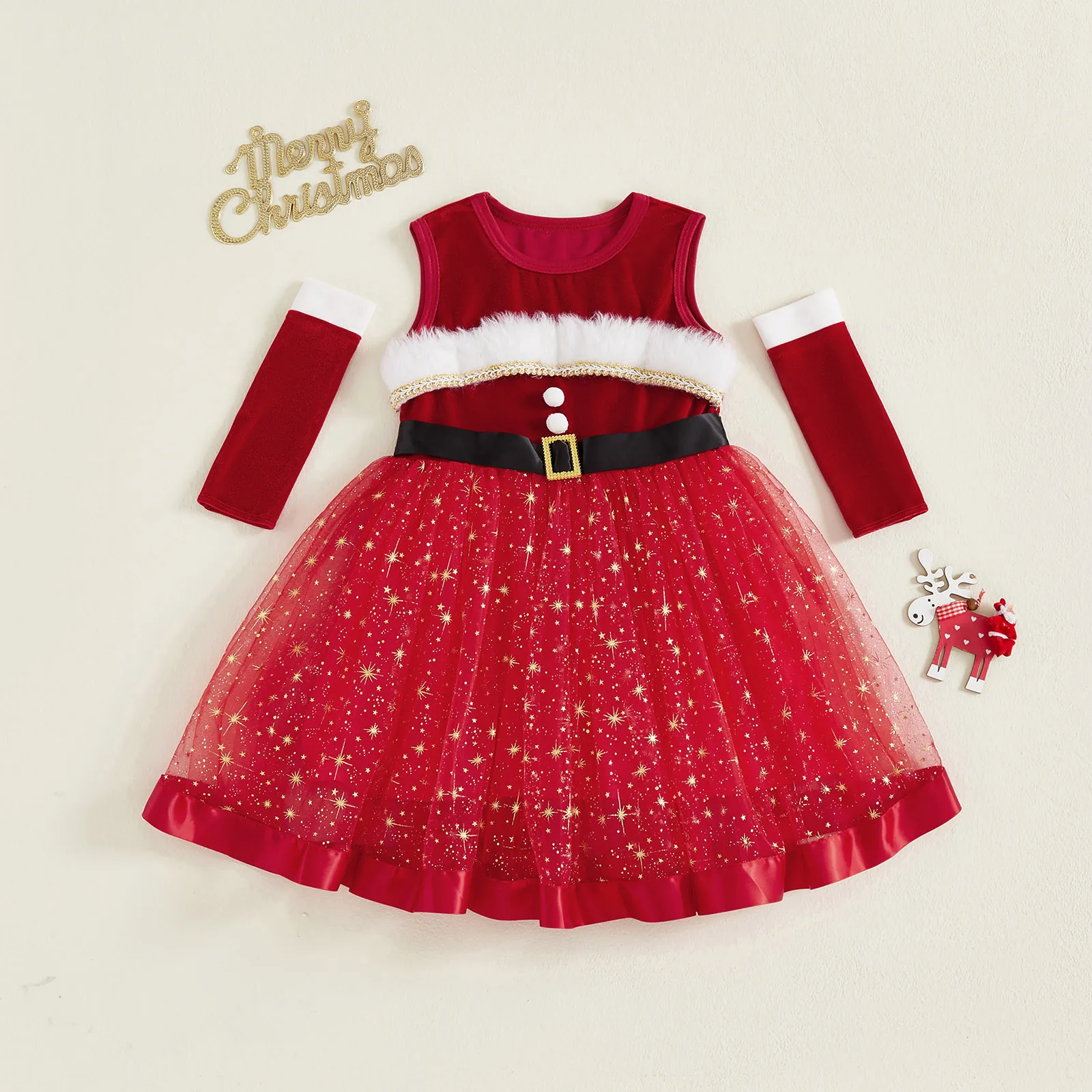 Kids Girl Christmas Outfit Solid Color Sleeveless Shiny Stars Tulle Patchwork A-line Dress with Oversleeves for Cosplay Party
Kids Girl Christmas Outfit Solid Color Sleeveless Shiny Stars Tulle Patchwork A-line Dress with Oversleeves for Cosplay Party