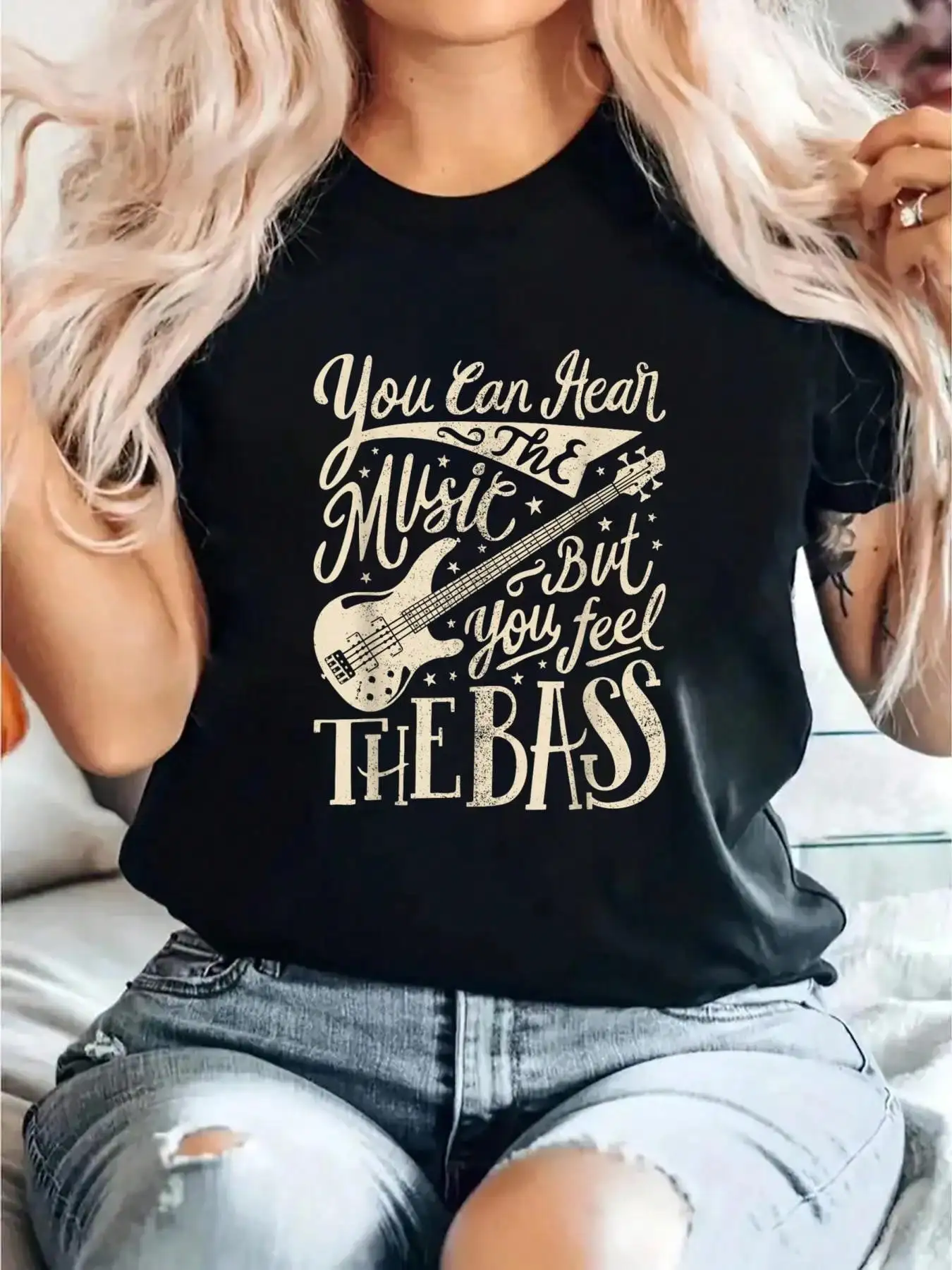 Bassist You Can Hear The Music But You Feel The Bass Guitar T-Shirt Print Round Neck Short Sleeve T-Shirt For Women Casual, Sum
Bassist You Can Hear The Music But You Feel The Bass Guitar T-Shirt Print Round Neck Short Sleeve T-Shirt For Women Casual, Sum