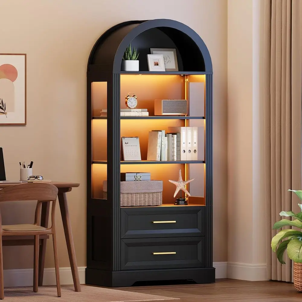Elegant Tall Arched Bookshelf with 2 Drawers, Wooden Display Cabinet, LED-lit Storage for Living Room, Office, Bedroom - Black
Elegant Tall Arched Bookshelf with 2 Drawers, Wooden Display Cabinet, LED-lit Storage for Living Room, Office, Bedroom - Black