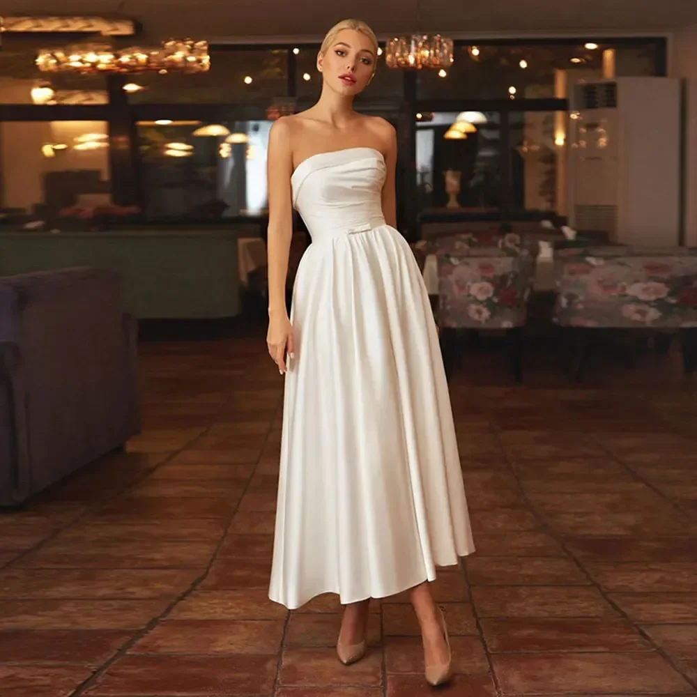 Satin Wedding Dress With Pockets Strapless Ankle-Length Simple Bride Dresses Lace-Up Back Vestidos Novia Robe De Mariee
Satin Wedding Dress With Pockets Strapless Ankle-Length Simple Bride Dresses Lace-Up Back Vestidos Novia Robe De Mariee