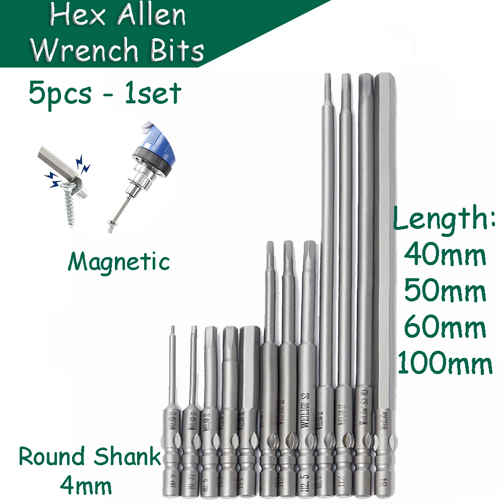 5pcs Hex Head Allen Wrench Bits H0.9 - H4 Magnetic 4mm Round Shank S2 Steel 40/50/100mm Length Electric Batch Head Repair
5pcs Hex Head Allen Wrench Bits H0.9 - H4 Magnetic 4mm Round Shank S2 Steel 40/50/100mm Length Electric Batch Head Repair