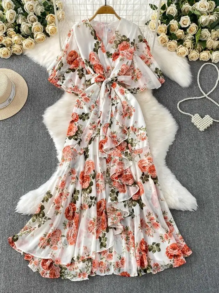 Elegant Floral Long Dress Women Summer Sexy Cross V-neck Bubble Sleeve Beach Dresses French Printed Strap Lotus Leaf Long Robe
Elegant Floral Long Dress Women Summer Sexy Cross V-neck Bubble Sleeve Beach Dresses French Printed Strap Lotus Leaf Long Robe