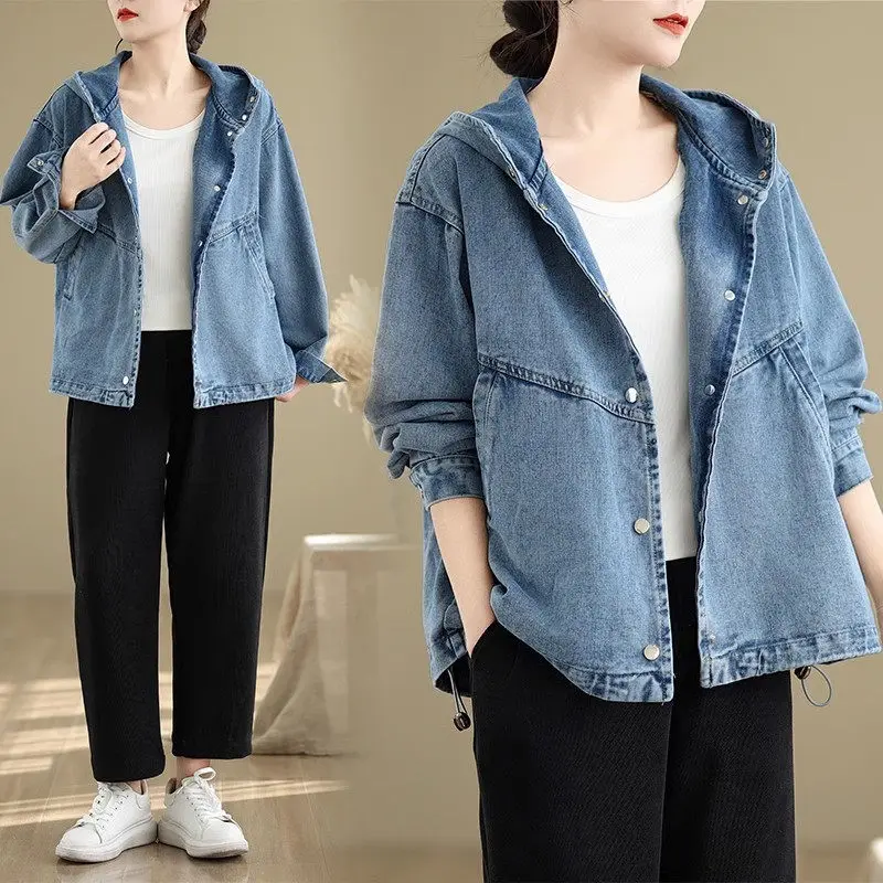 Женская джинсовая рубашка большого размера с капюшоном, весна-осень 2021, свободный крой для похудения, молодежный модный топ G119 
Женская джинсовая рубашка большого размера с капюшоном, весна-осень 2021, свободный крой для похудения, молодежный модный топ G119