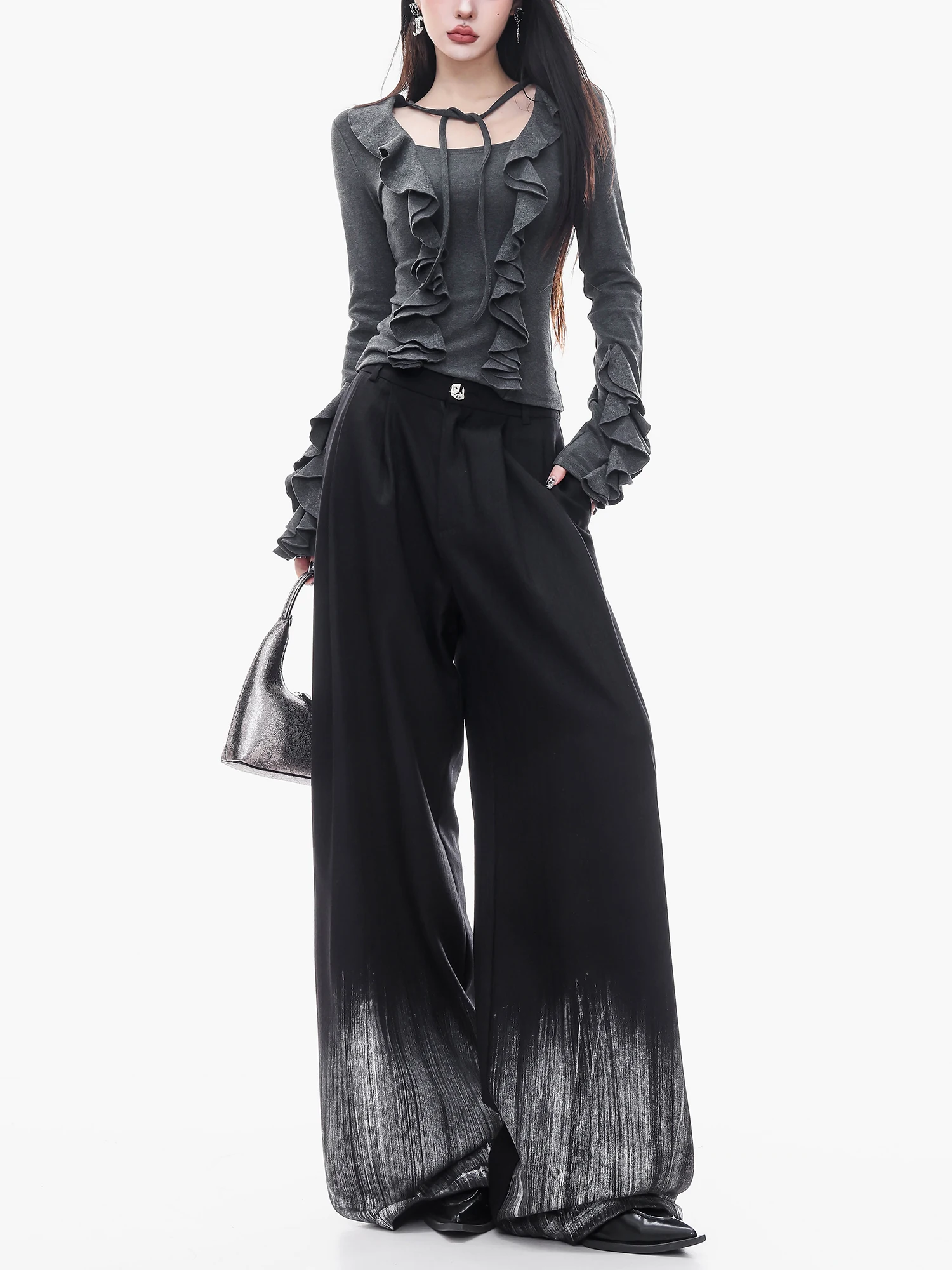 ABWLR Gold Foil Fragment Original Street Style Women's Loose Casual Black Gradient Wide Leg Pants Straight Cut Trousers
ABWLR Gold Foil Fragment Original Street Style Women's Loose Casual Black Gradient Wide Leg Pants Straight Cut Trousers