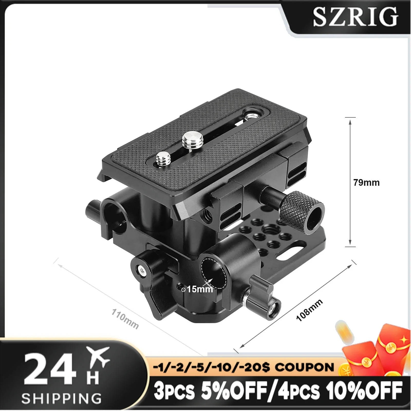 SZRIG Manfrotto Style QR Mount Base With Tripod Baseplate & 15mm LWS Rod Clamp With 1/4" & 3/8" Mounting Points & Grooves
SZRIG Manfrotto Style QR Mount Base With Tripod Baseplate & 15mm LWS Rod Clamp With 1/4" & 3/8" Mounting Points & Grooves